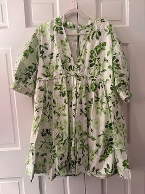 Maeve White Dress with Green Leaf Print Midi